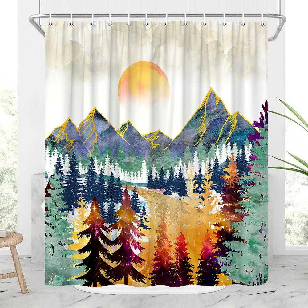 

Ocean Mountain Peak Landscape Shower Curtains Chinese Style Art Light Luxury Home Decor Bedroom Bathroom Curtain With 12 Hooks W60H190(CM)-1 Pcs