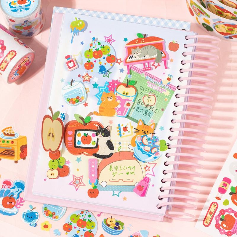 Ins Korean Cute Apple Fairy Tale Decoration Adhesive Tape Handbook DIY Scrapbooking Journal Collage Material Stickers Roll Gift