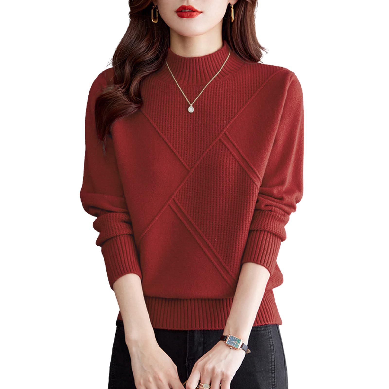 

Augseed Knit High Ribbed Long Winter Loose Korean Cable Elegant Pattern Women s Sweater, Neck, Knit, Sleeve, Top, Turtleneck, Pullover, Thick, Cute,