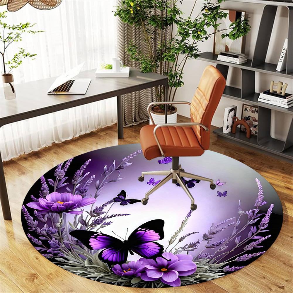 1PC Butterfly Lavender Office Round Area Rug, Under Office Chairs Bedroom Living Room Home Decor, Carpet for Office -1110002