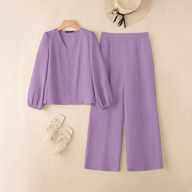 

Жіноча блуза з довгим рукавом і брюки ZANZEA повсякденного костюма з двох предметів XL фіолетовий