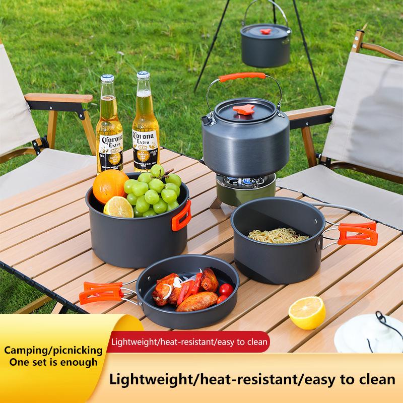 Conjunto de Utensílios de Cozinha para Camping Alumínio Portátil Louça Exterior Kit de Cozinha Panela Tigela Chaleira Panela Equipamento para Caminhada Churrasco Piquenique
