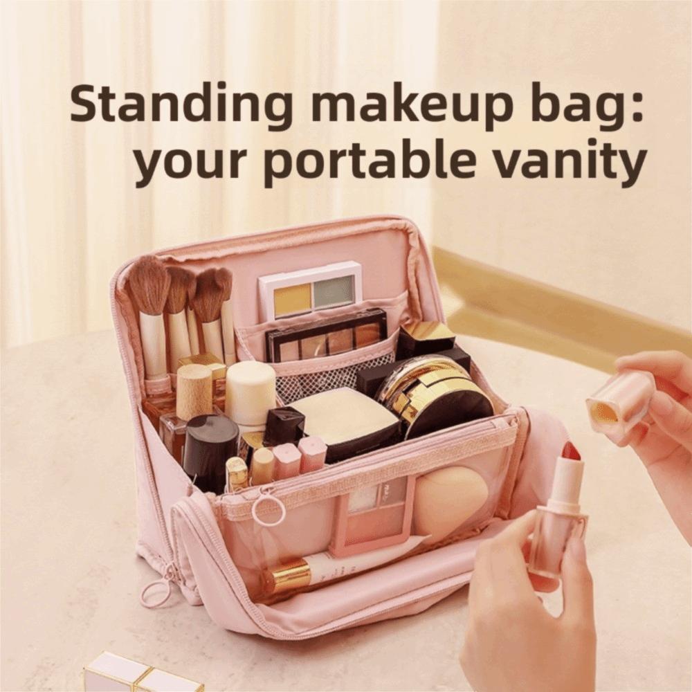 Standable Women Makeup Bag Solid Color Multifunctional Skincare Storage Bag Multi-Compartment Large Capacity Cosmetic Organizer