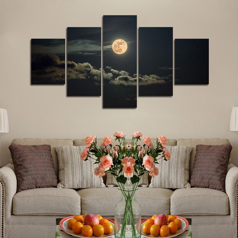 Landscape Night Moonscape Poster Painting 5 Pieces Wall Art Canvas For Living Room Picture Print Bedroom Mural Home Decoration