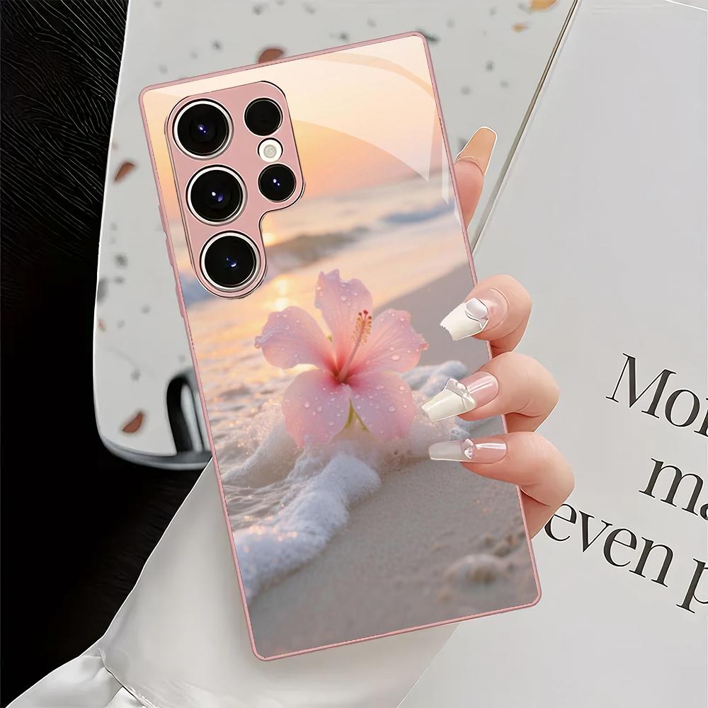 Funda de cristal para teléfono con diseño de flor de playa adecuada para Samsung Galaxy S26 S25 S24 S23 S22 S20 FE/Ultra/Plus cubierta trasera a prueba de golpes