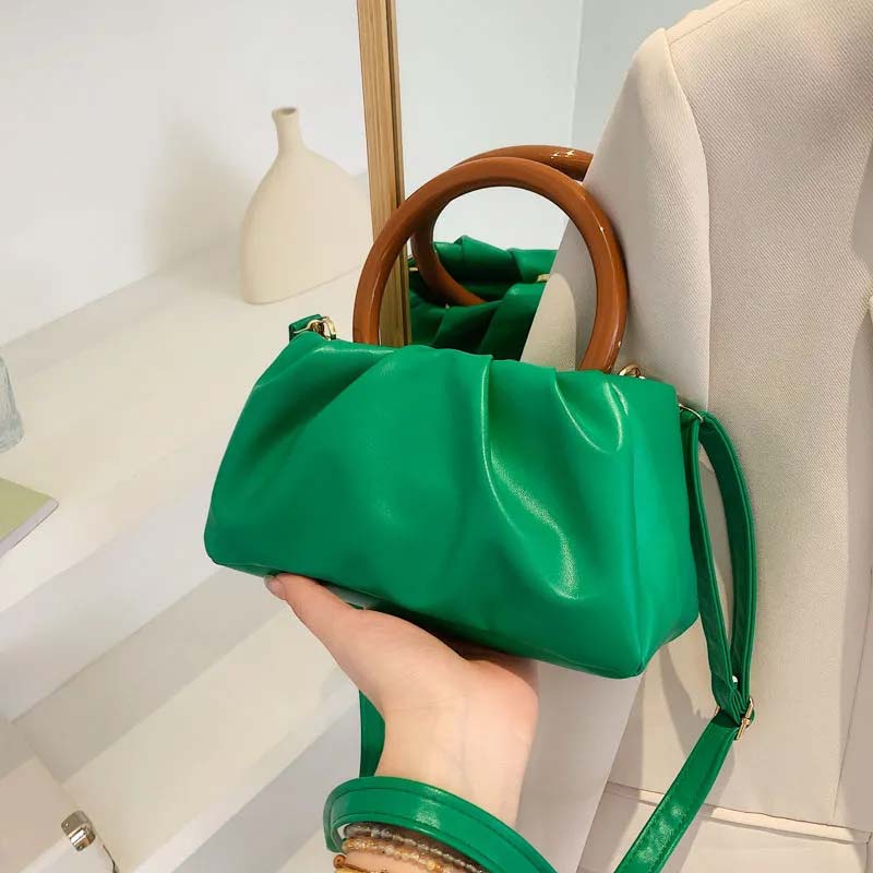 WTEMPO Einfache einfarbige Holzgriff Falten Wolke Kleine Handtaschen Mini Einzelne Schulter Umhängetaschen Handtaschen