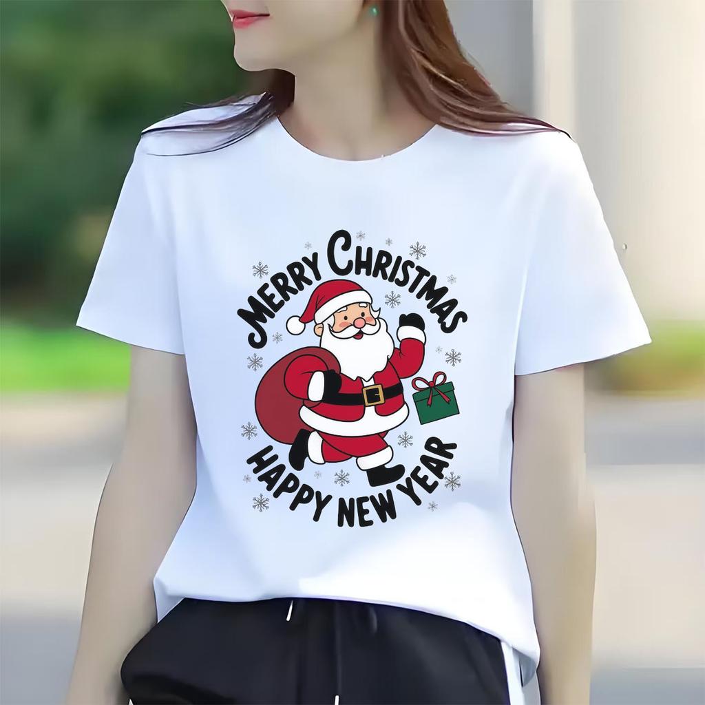 Merry Christmas  Santa Claus print pattern Tshirt  short sleeved round neck versatile Womens Tshirt