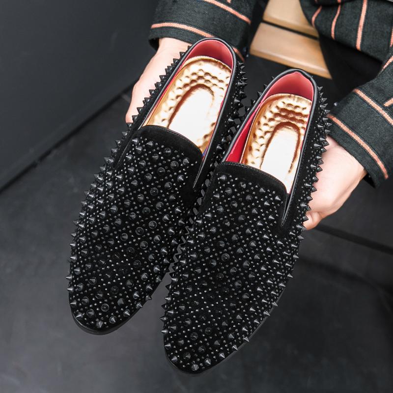 Fashion Black Suede Studded Spikes Moccasins Shoes Mens Smocks Sandals Casual Shoes Men Party Dress Apartments Loafers Zapatillas Hombre