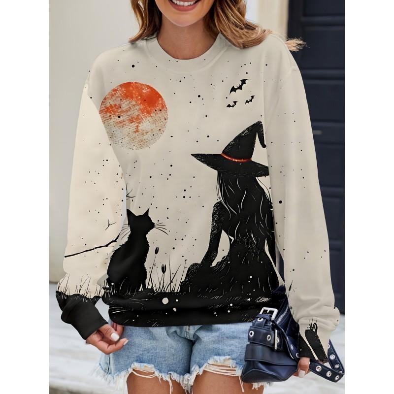 Womens Casual Hoodie With 3D Halloween Print Round Neck Lightweight Breathable Fabric