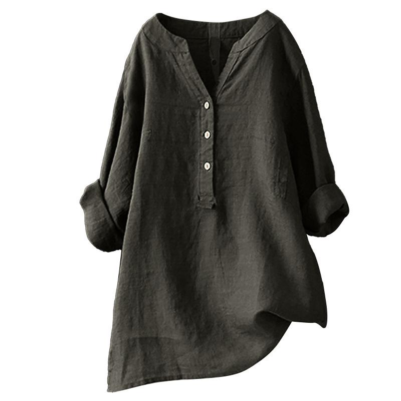 European & American Loose Plain Stand Collar Button Long Sleeve Cotton Linen Top for Women