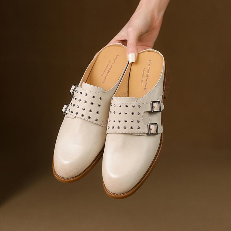Fashion NEW Summer Women Mules Genuine Leather Shoes for Women Cover Toe Slingback Shoes Round Toe Low Heel Sandals Rivet Modern Slipper
