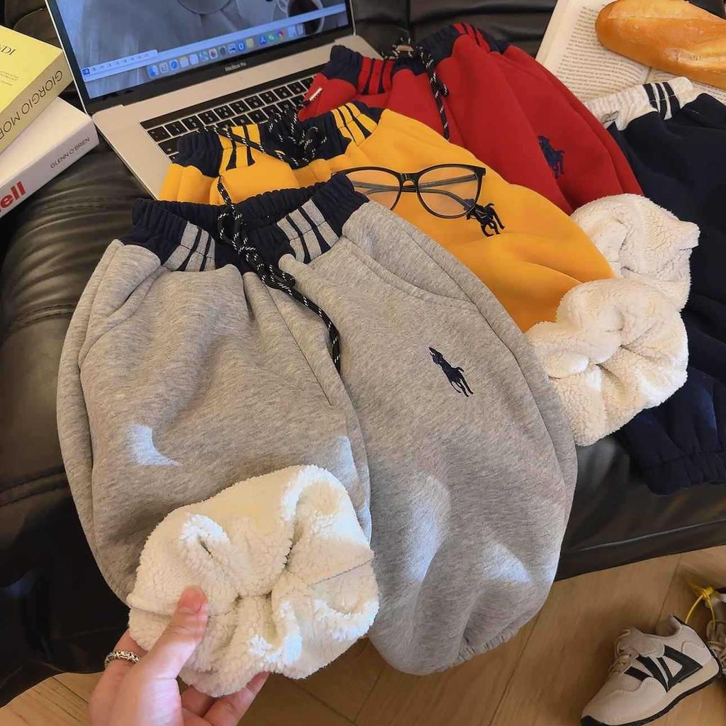 Kids' Unisex Korean Style Fleece Lined Embroidered Joggers for Autumn/Winter