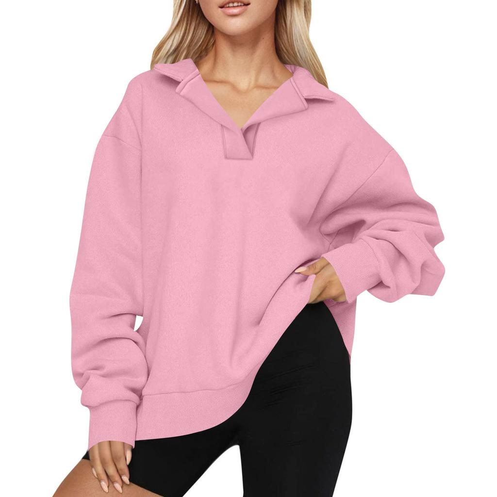 Women's Fashion Long Sleeve Solid Color V-Neck Loose Sweatshirt Top
