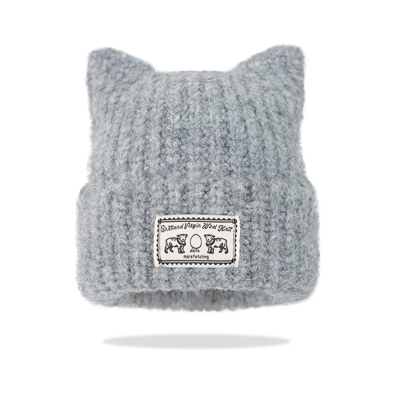 New cute cat ear patch solid color knitted hat autumn and winter face small wool hat warm ear protector pullover hat cold hat