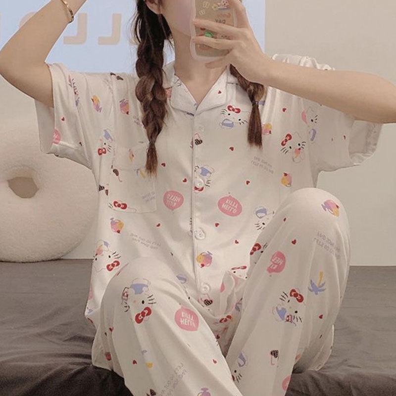 Cute Melody pajamas women's Japanese sweet cartoon style loungewear age-reducing girls cardigan short-sleeved set