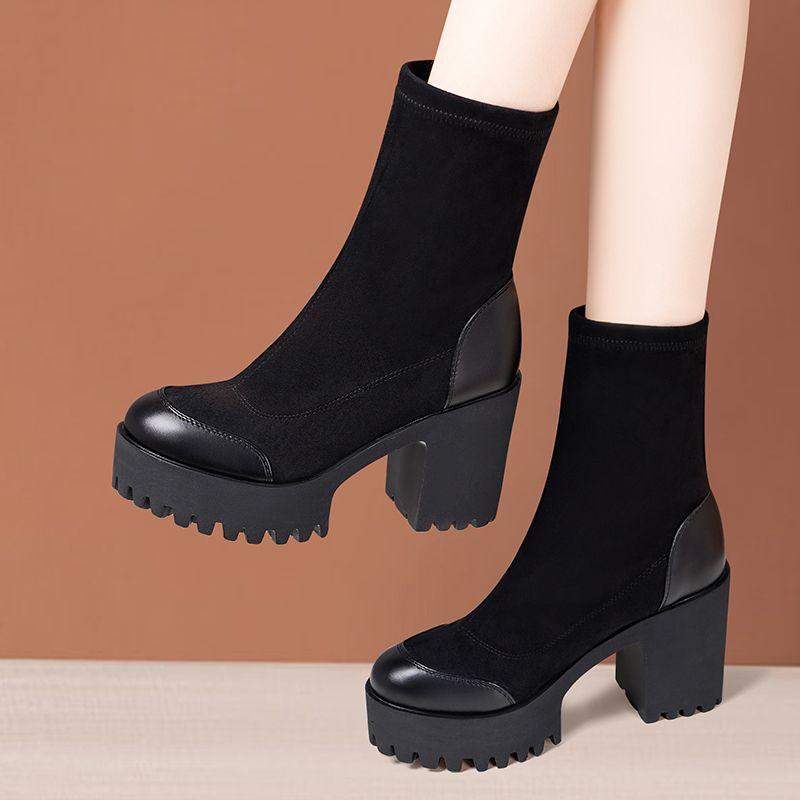 8cm 10cm Small Size 33-43 Flexible Stretch Boots Women's Platform Shoes Fall Winter 2025 Block High Heels Ankle Boots with Fur