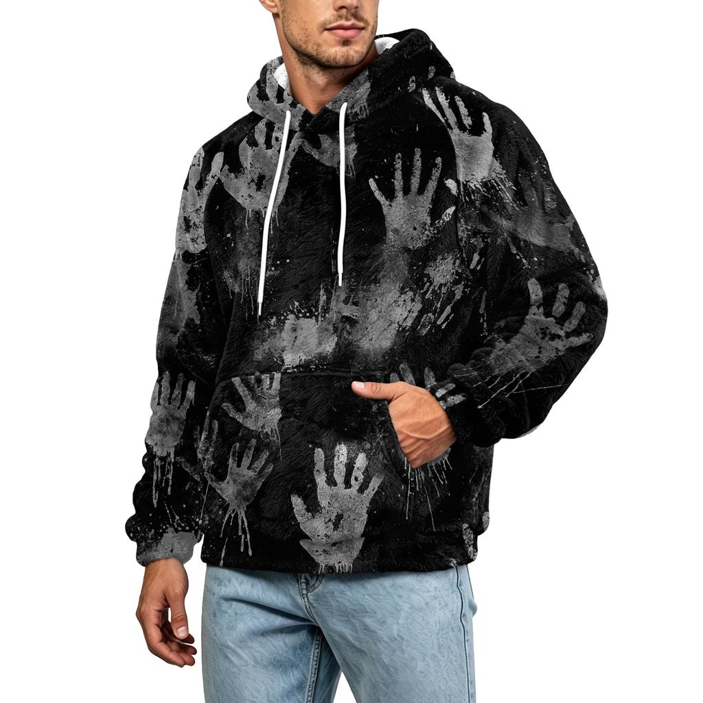 Men's Halloween Print Hoodie Plus Size Flannel Casual Pullover Sweatshirt for Fall and Winter