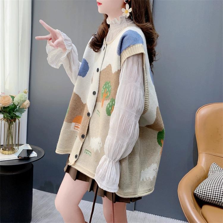 Autumn Women Sleeveless Buttons Vest Printing Sweaters Knitting Casual Style Loose Pink Sweater