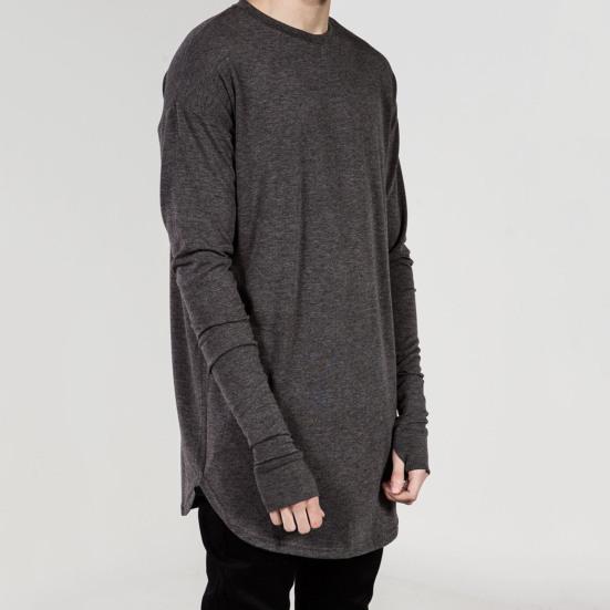Herren T-Shirt Einfarbige Unregelmäßiger Saum Rundhals Langes Hemd mit Handschuhen für den täglichen Gebrauch
