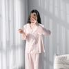 Spring and Summer New Pajamas Women's Long-sleeved Trousers Set, Home Simulation Silk V-neck Comfortable and Breathable Thin Pajamas Set