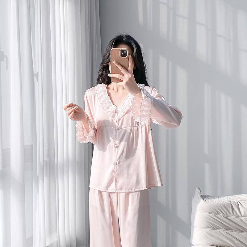 Spring and Summer New Pajamas Women's Long-sleeved Trousers Set, Home Simulation Silk V-neck Comfortable and Breathable Thin Pajamas Set