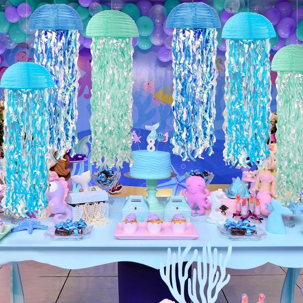 Jellyfish Paper Lanterns Hanging Jelly Fish Paper Lanterns, 6 Packs Blue Hanging Lantern for Mermaid Theme Party Under The Sea Ocean Birthday