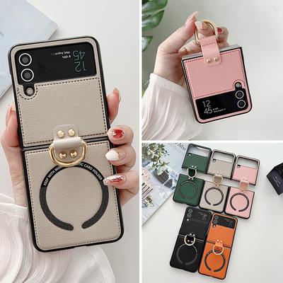 Ring Holder PU Leather for Magsafe Magnetic Wireless Charge Case For Samsung Galaxy Z Flip 6 5 4 3 2 1 Flip2 Flip5 Flip1 ZFlip4