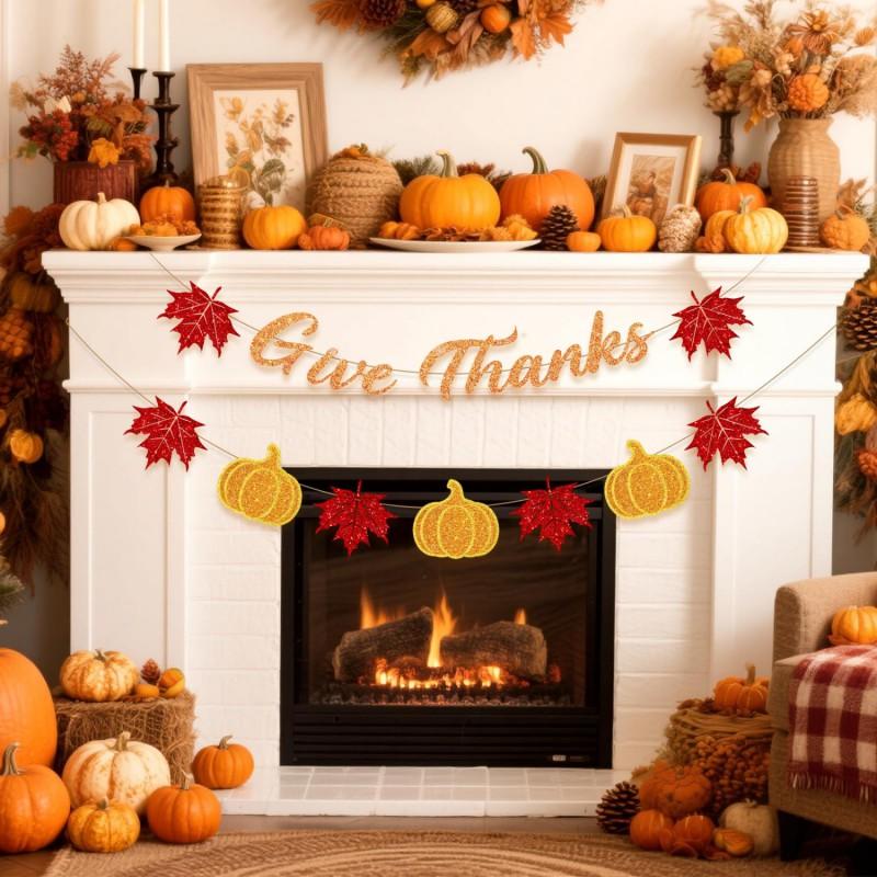 Thanksgiving Party Decorations Set With Glitter Maple Leaves Pumpkins Banner Flag Table Centerpiece Wall Hanging