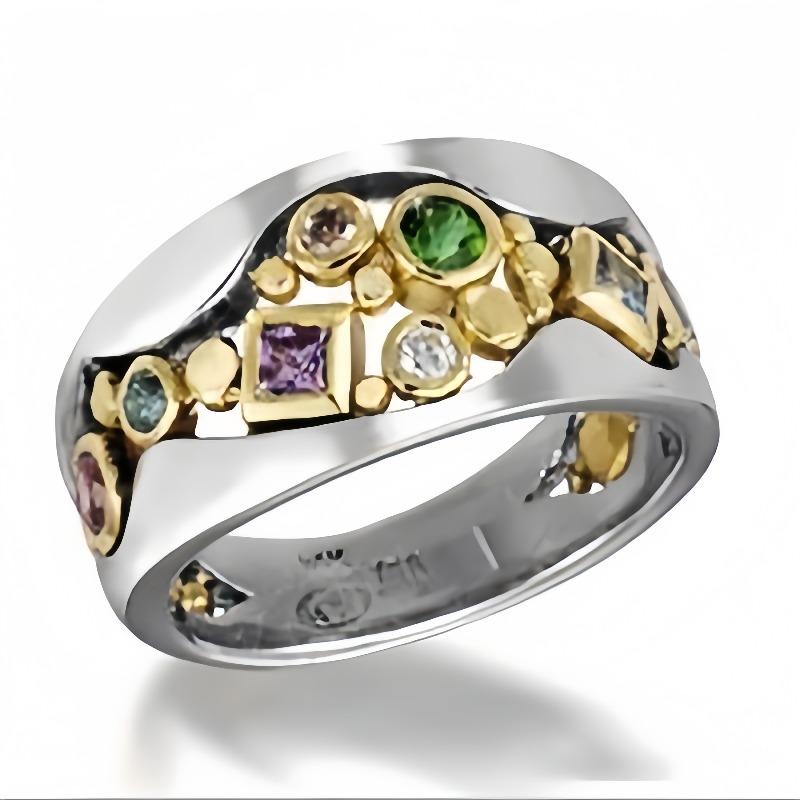 Vintage Two Color Inlaid Multicolored CZ Women's Ring Geometry Hollow Daily Wear Party Jewelry
