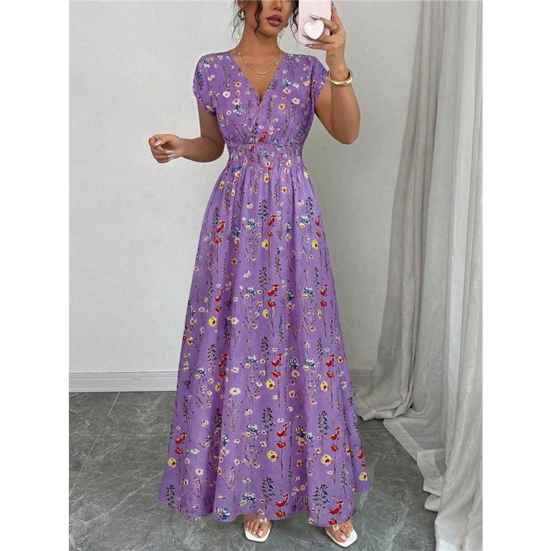 Women's Casual Floral Short-Sleeve Tie-Front V-Neck Fitted Dress for Summer
