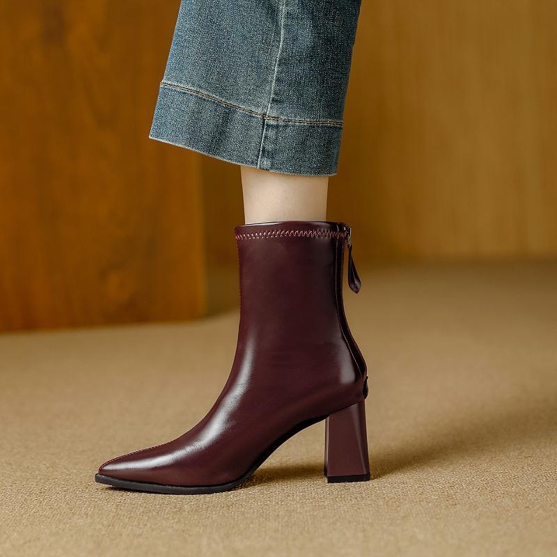 

Versatile professional black short boots women s thick heel new temperament pointed soft leather elastic Martin boots 40