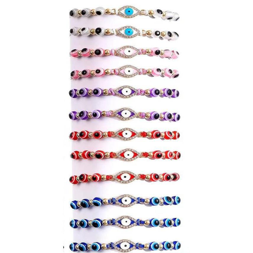 12Pcs Evil Eye Lucky Bracelet Set For Women Crystal Hand Cross Charm Adjustable Rope Chain Wrap Bangle Men Fashion Party Jewelry