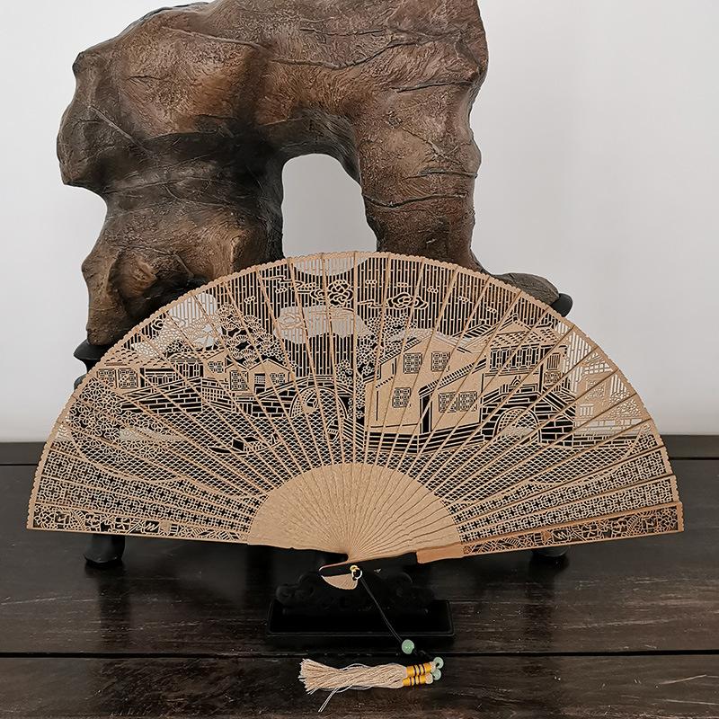 Chinese Sandalwood Fan - 7-inch Burmese Incense Wood Hollowed-out Carved Folding Fan, Chinese-style Gift Fan