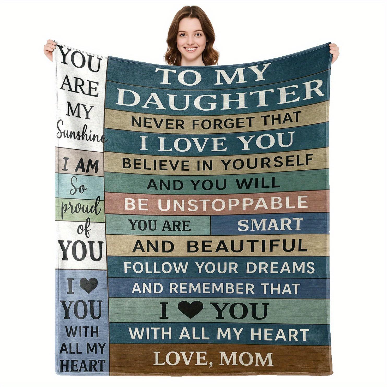 

Daughter Gift Flannel Blanket, Light Beige with Heart Message, Soft All Season Throw from Mom, Inspirational Keepsake for Home 75x90cm