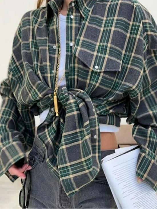 Retro Plaid Loose Lapel Long Sleeve Shirt for Women - Spring & Autumn