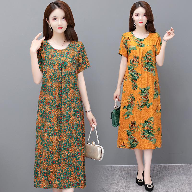 2023 Summer Floral Cotton & Rayon Dress - Stylish, Loose-Fitting, Short Sleeve for Middle-Aged & Elderly Women