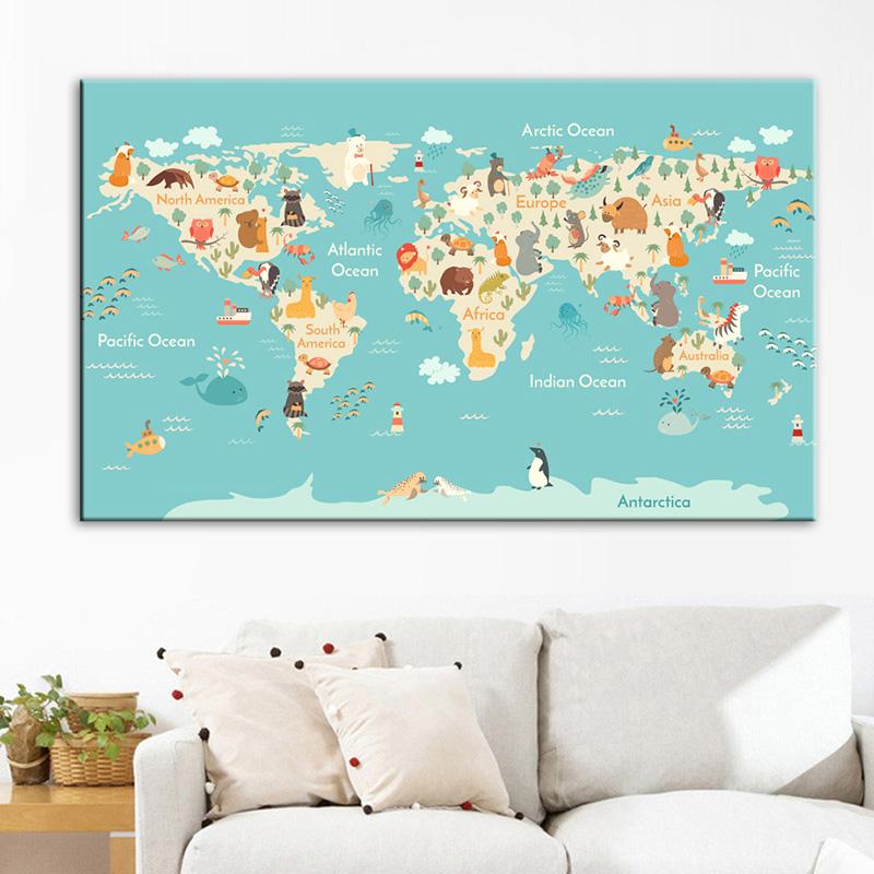 Cartoon Ocean Animal World Map Wall Art Canvas Painting Nordic Posters And Prints Nursery Wall Pictures For Kids Room Decoration