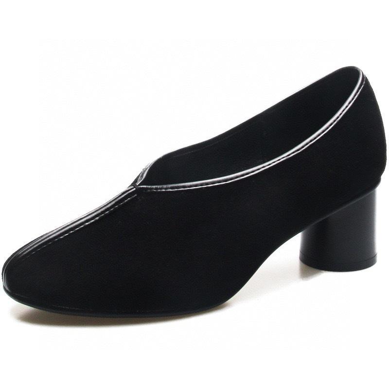 Round head high heels autumn new black round head thick heel light mouth single shoes sheepskin women