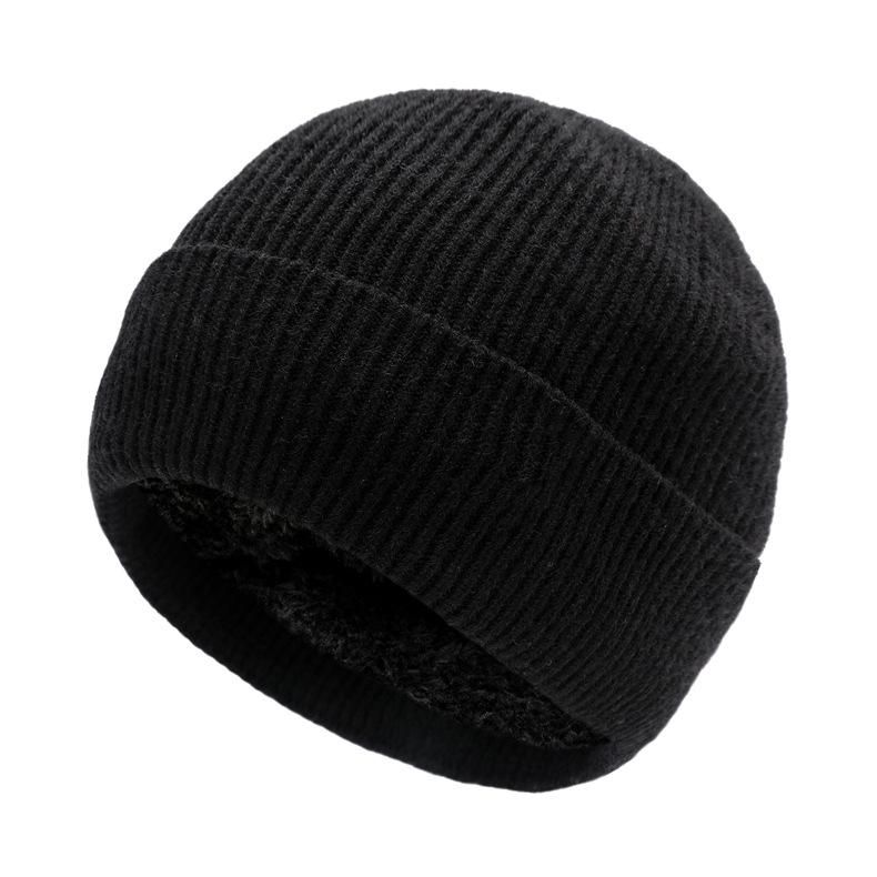 Autumn/Winter Fleece-Lined Ski Knit Hat for Men and Women Warm, Thickened Ear-Warming Woolen Beanie One-Piece Solid-Colour Hat