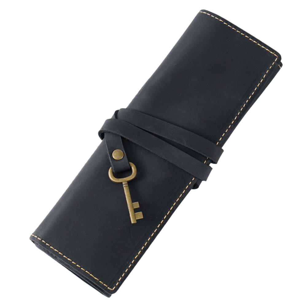 Retro Design Leather Pen Case First Layer Cowhide Multi-Compartment Pencil Cases Simple Literary Elastic Closure Pencil Roll Bag