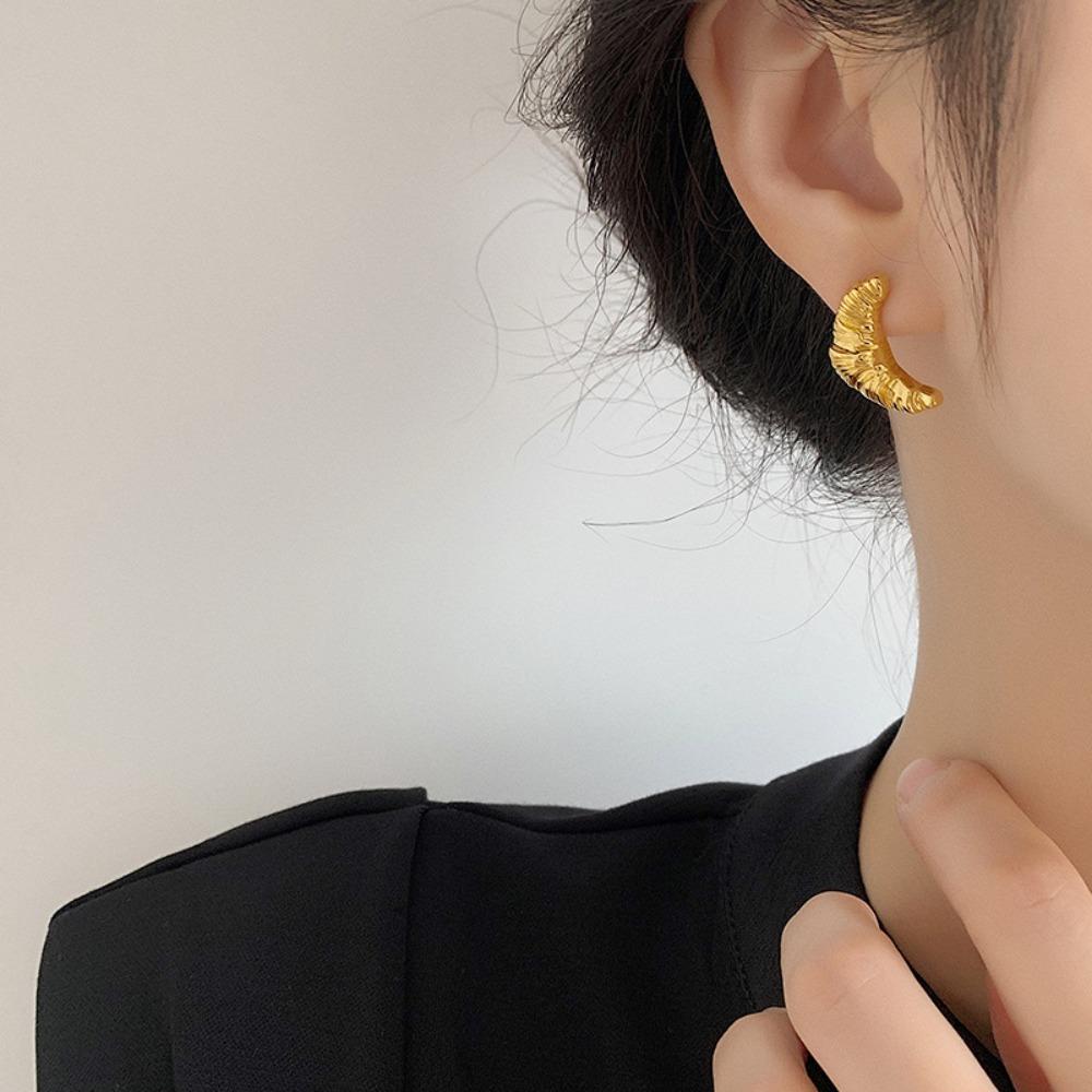 Copper Moon Texture Earrings Electroplate Retro Earrings Solid Color Croissant Earrings