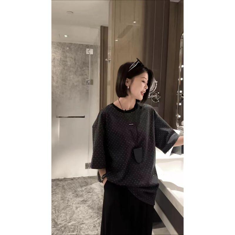 

All over the Sky! Denim Cotton Shoulder Half Sleeve Pullover Lazy Style Women s Water Soluble Diamond Large T-shirt Autumn and Winter Undershirt Dark gray L