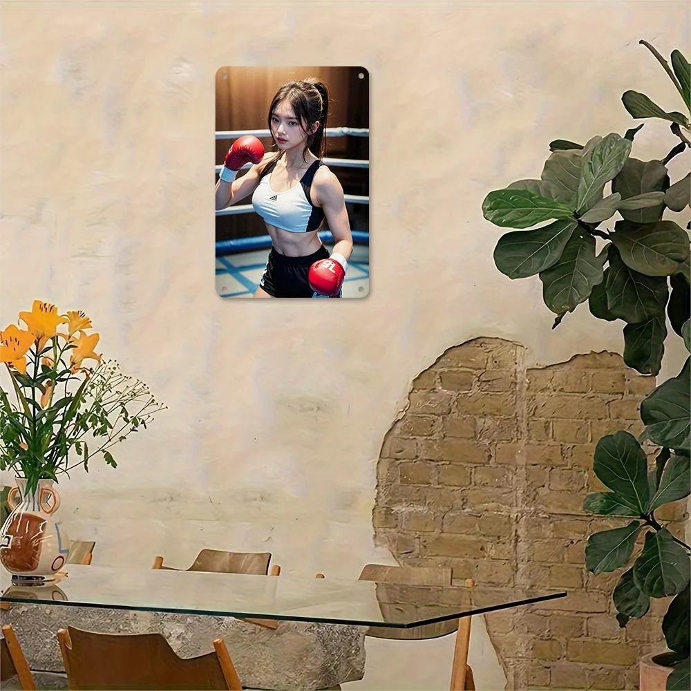 Vintage Boxing Girl Metal Sign 8x12 Inch Retro Wall Art Tin Poster for Home Bar Cafe Decor