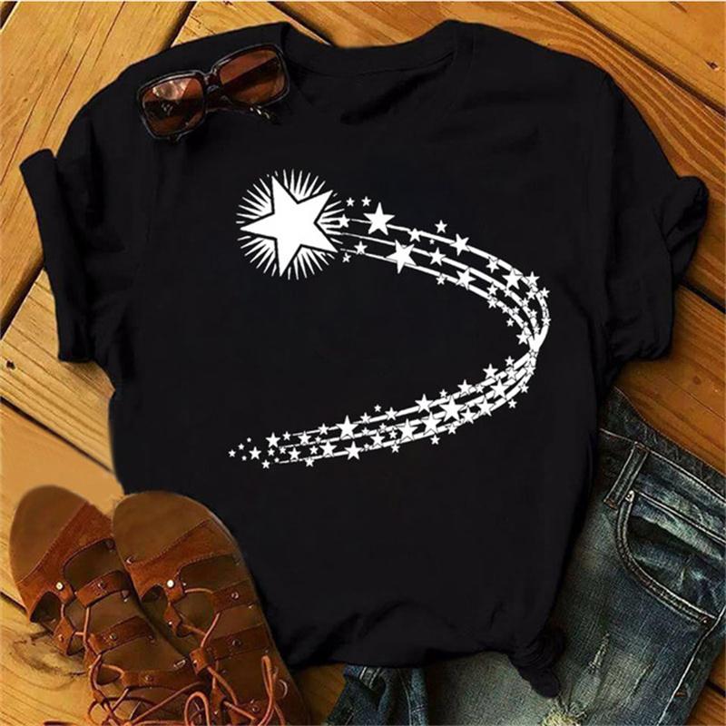 Maycaur Woman Star Moon Print Harajuku Summer Tshirts Casual Round Neck Short Slee Top Tee Shirt Women Black T-shirt Drop Ship