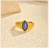 Stainless Steel Finger Rings for Women, Vintage Opal Blue Natural Stone Eye-shape Ring, Aesthetic Jewelry