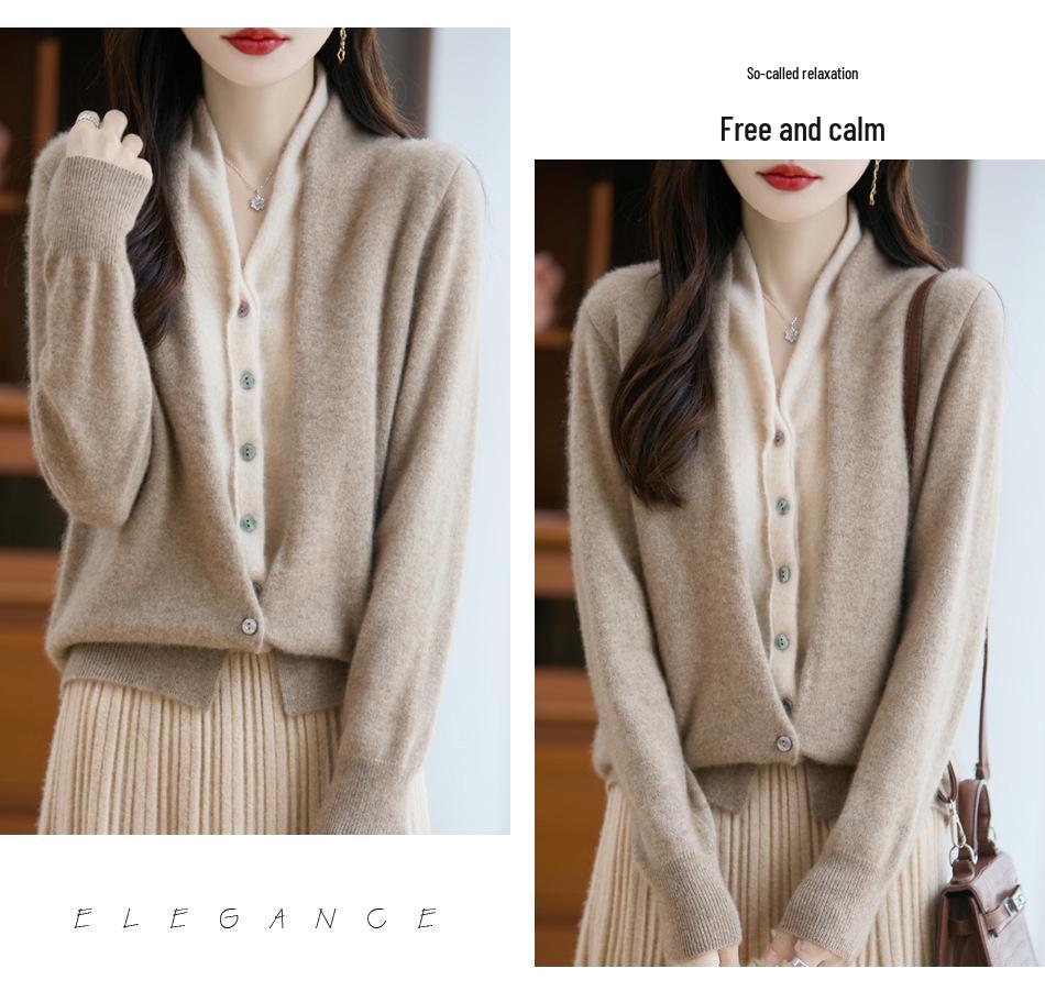 V Yaka Renk Bloklu %100 Yün Örgü Hırka - Sonbahar & Kış İki Parçalı Fransız Günlük Kazak Ceket