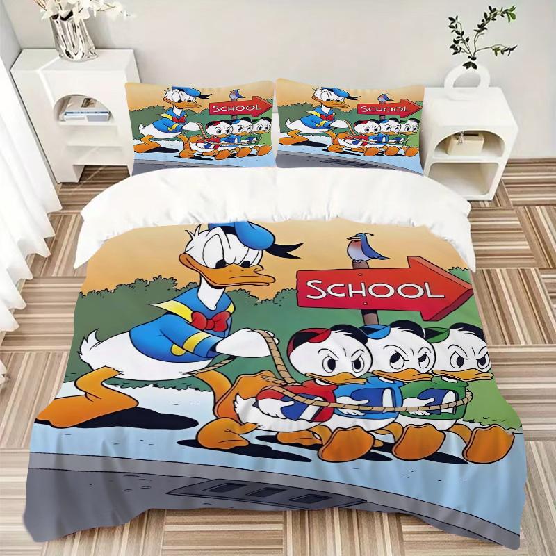 3pcs Cartoon Donald Duck Family Adventure Bedding Set, Including 1 Quilt Cover and 2 Pillow Shams, Without Filling, Soft and Comfortable Home Bed