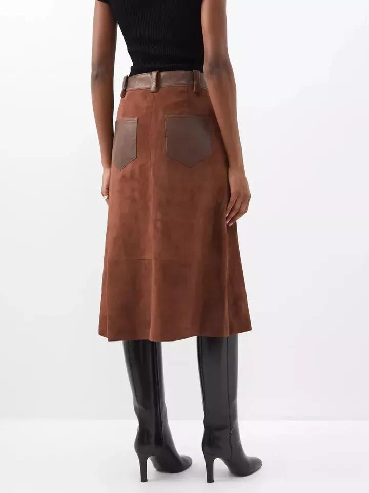 Genuine Soft Sheepskin Suede Leather Women's Brown Skirt Handmade Stylish Party