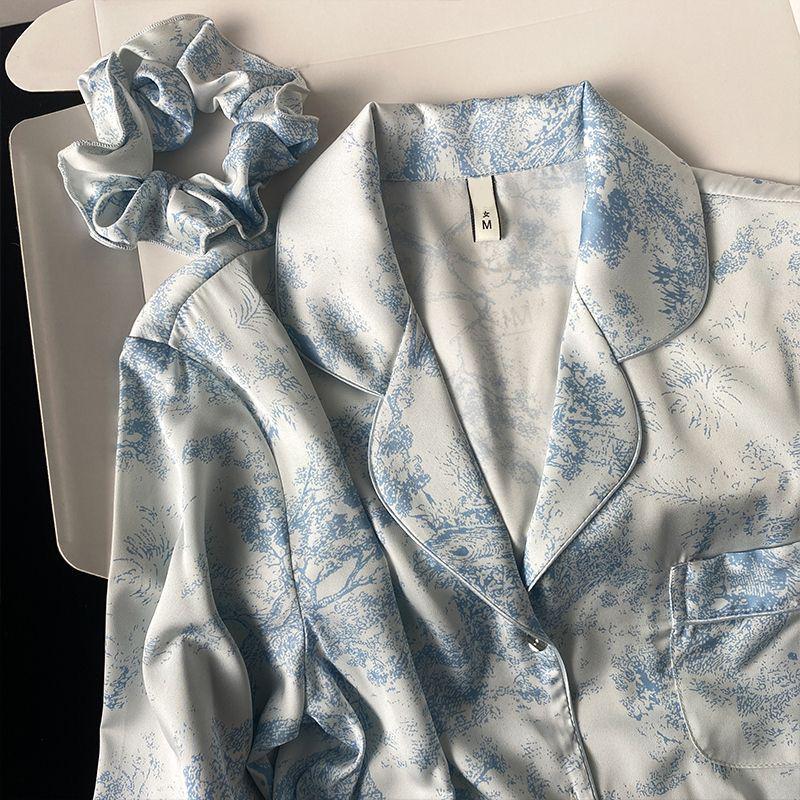 Damenpyjama im koreanischen Stil aus Seidenimitat - Langärmeliges zweiteiliges Set mit Tuschemalerei für Frühling und Herbst