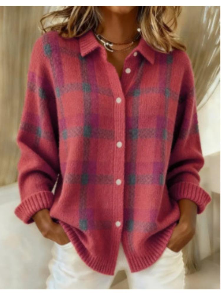 Blue and Orange Checkered Cardigan with Button Front and Ribbed Hem